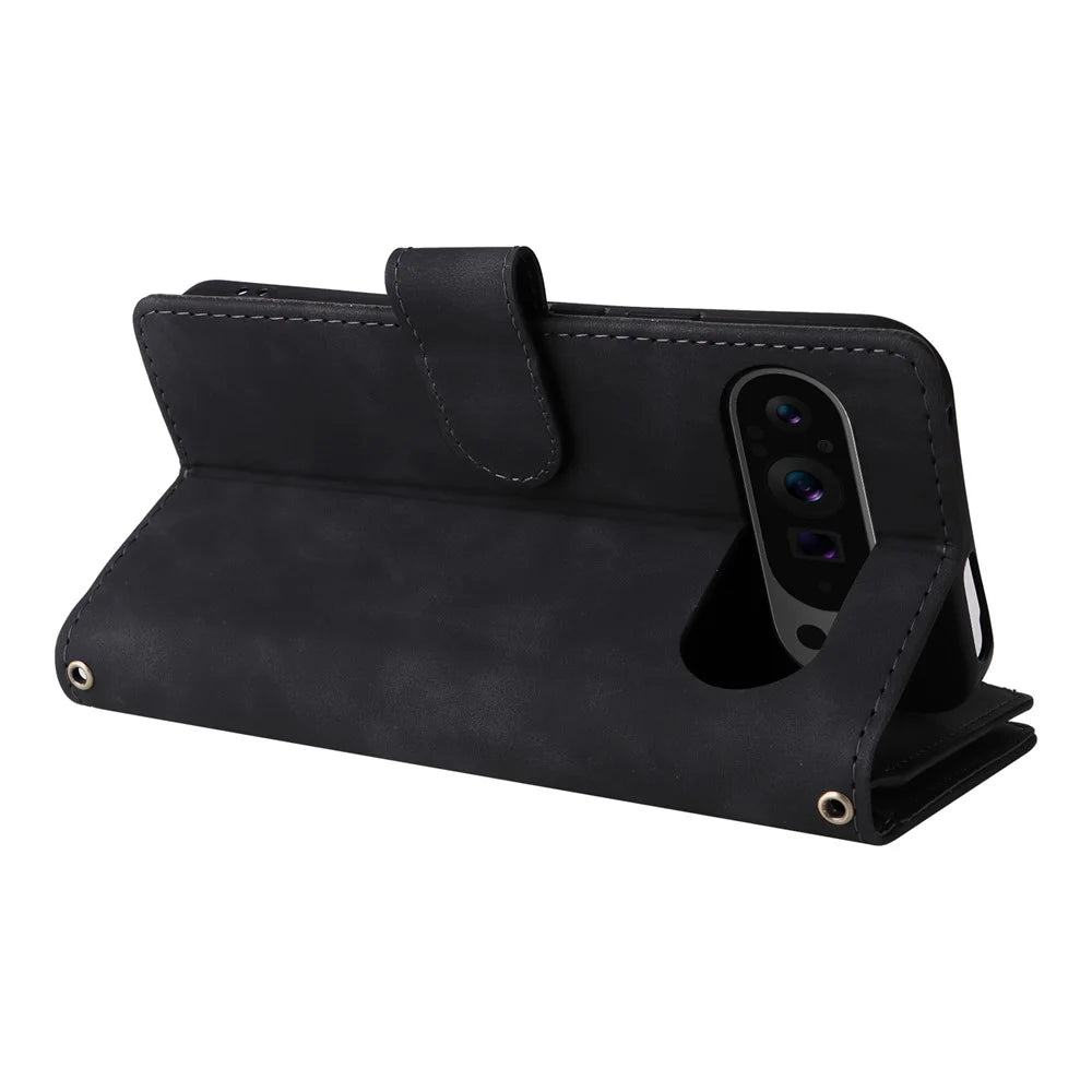 For Google Pixel 10 Pro XL / 9 Pro XL Case Zipper Wallet Multiple Card Slots Leather Phone Cover with Wrist Strap - Black - 5