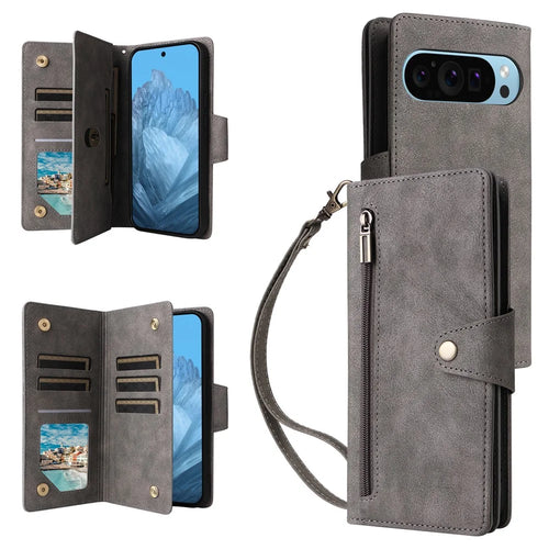 Phone Case For Google Pixel 10 / 10 Pro / 9 / 9 Pro , Zipper Wallet Rivet Decor Leather Cover with Wrist Strap - Grey - 1