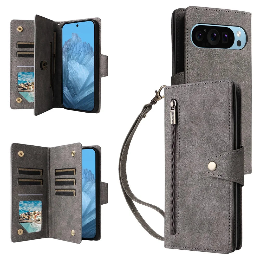 Phone Case For Google Pixel 10 / 10 Pro / 9 / 9 Pro , Zipper Wallet Rivet Decor Leather Cover with Wrist Strap - Grey - 1