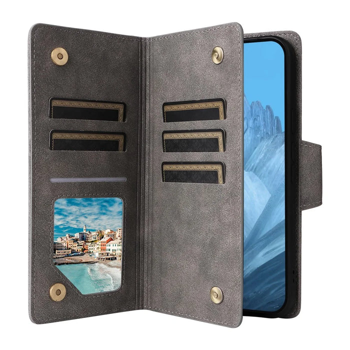 Phone Case For Google Pixel 10 / 10 Pro / 9 / 9 Pro , Zipper Wallet Rivet Decor Leather Cover with Wrist Strap - Grey - 2