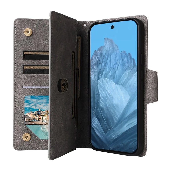 Phone Case For Google Pixel 10 / 10 Pro / 9 / 9 Pro , Zipper Wallet Rivet Decor Leather Cover with Wrist Strap - Grey - 3