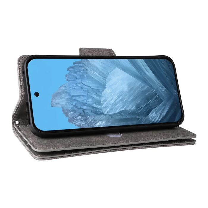 Phone Case For Google Pixel 10 / 10 Pro / 9 / 9 Pro , Zipper Wallet Rivet Decor Leather Cover with Wrist Strap - Grey - 4