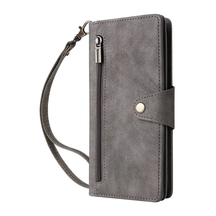 Phone Case For Google Pixel 10 / 10 Pro / 9 / 9 Pro , Zipper Wallet Rivet Decor Leather Cover with Wrist Strap - Grey - 6