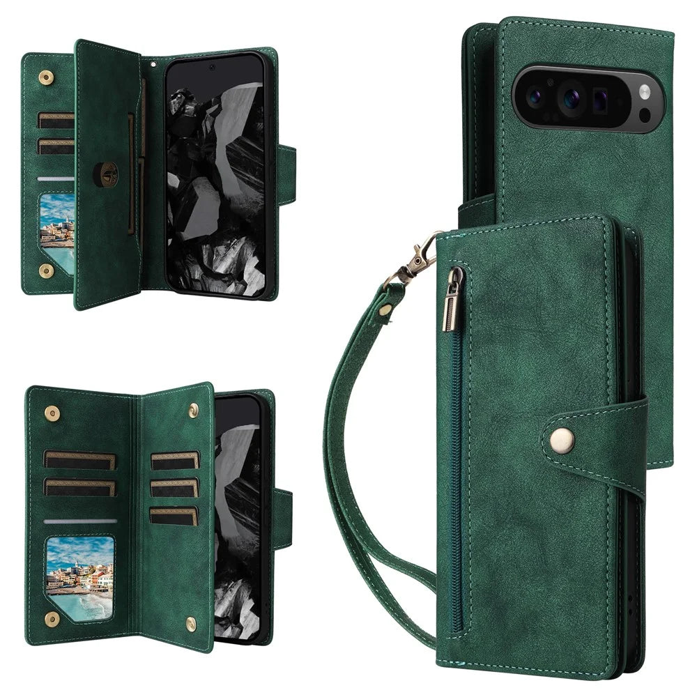 For Google Pixel 10 Pro XL / 9 Pro XL Case Zipper Wallet Rivet Decor Leather Phone Cover with Wrist Strap - Green - 1