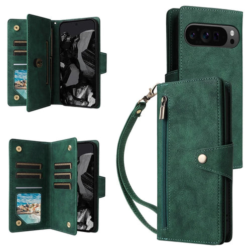 For Google Pixel 10 Pro XL / 9 Pro XL Case Zipper Wallet Rivet Decor Leather Phone Cover with Wrist Strap - Green - 1