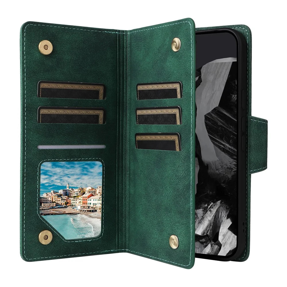 For Google Pixel 10 Pro XL / 9 Pro XL Case Zipper Wallet Rivet Decor Leather Phone Cover with Wrist Strap - Green - 2