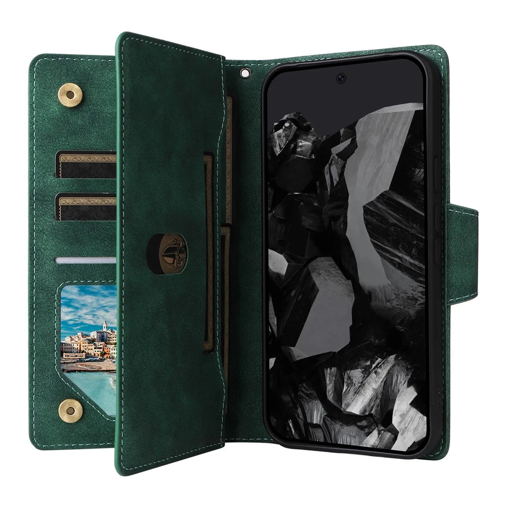 For Google Pixel 10 Pro XL / 9 Pro XL Case Zipper Wallet Rivet Decor Leather Phone Cover with Wrist Strap - Green - 3