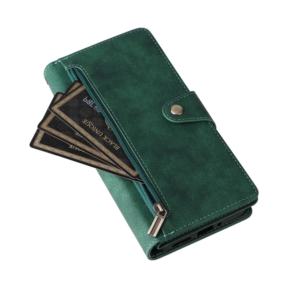 For Google Pixel 10 Pro XL / 9 Pro XL Case Zipper Wallet Rivet Decor Leather Phone Cover with Wrist Strap - Green - 5