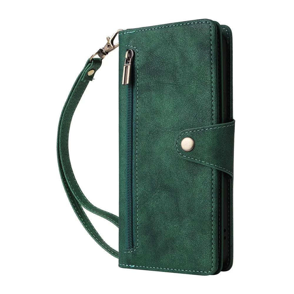 For Google Pixel 10 Pro XL / 9 Pro XL Case Zipper Wallet Rivet Decor Leather Phone Cover with Wrist Strap - Green - 6