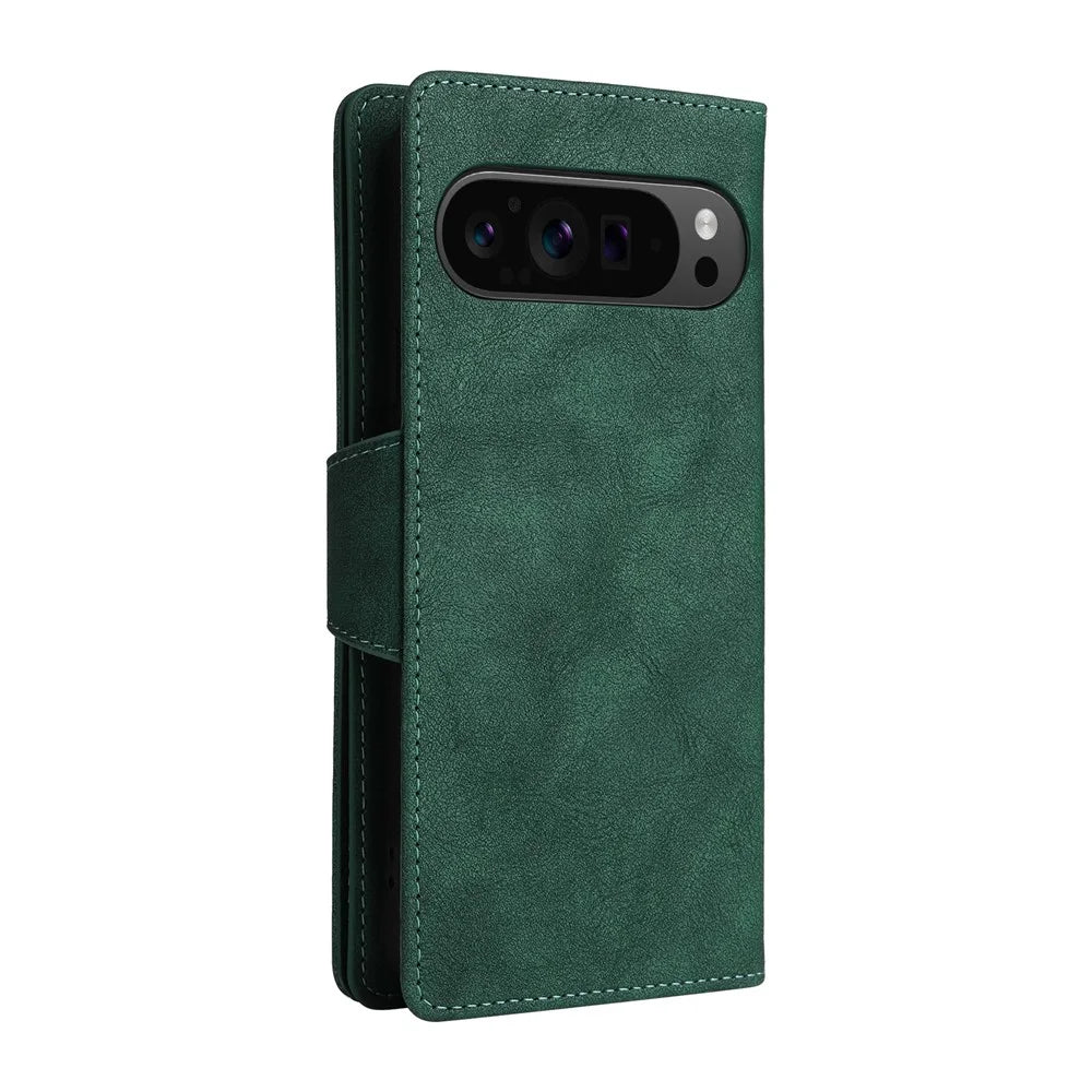 For Google Pixel 10 Pro XL / 9 Pro XL Case Zipper Wallet Rivet Decor Leather Phone Cover with Wrist Strap - Green - 7