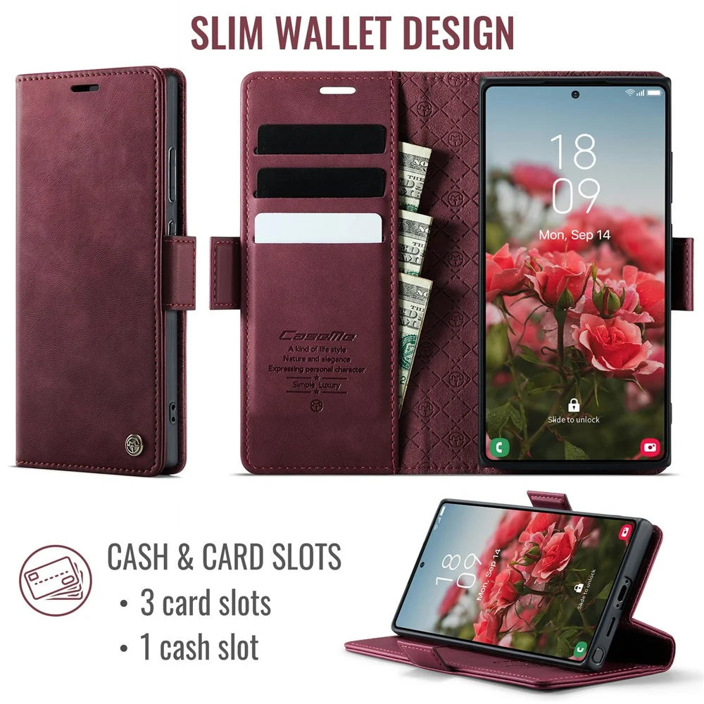 CASEME 033 Series For Samsung Galaxy S23 Ultra Case RFID Blocking Wallet Stand Calf Texture Leather Phone Cover - Red - 2