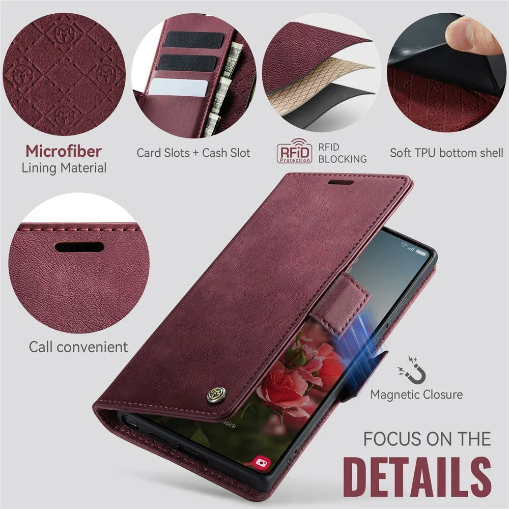 CASEME 033 Series For Samsung Galaxy S23 Ultra Case RFID Blocking Wallet Stand Calf Texture Leather Phone Cover - Red - 3