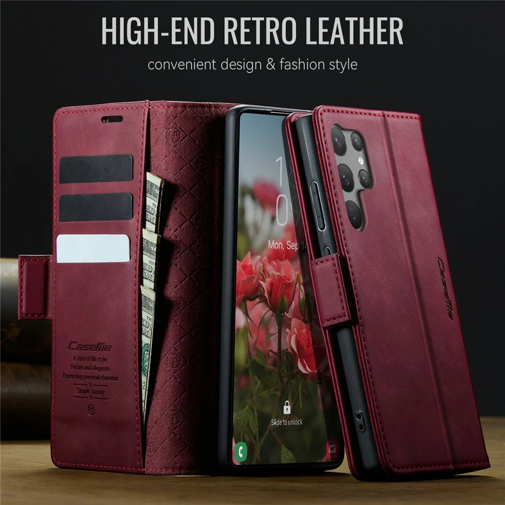 CASEME 033 Series For Samsung Galaxy S23 Ultra Case RFID Blocking Wallet Stand Calf Texture Leather Phone Cover - Red - 4