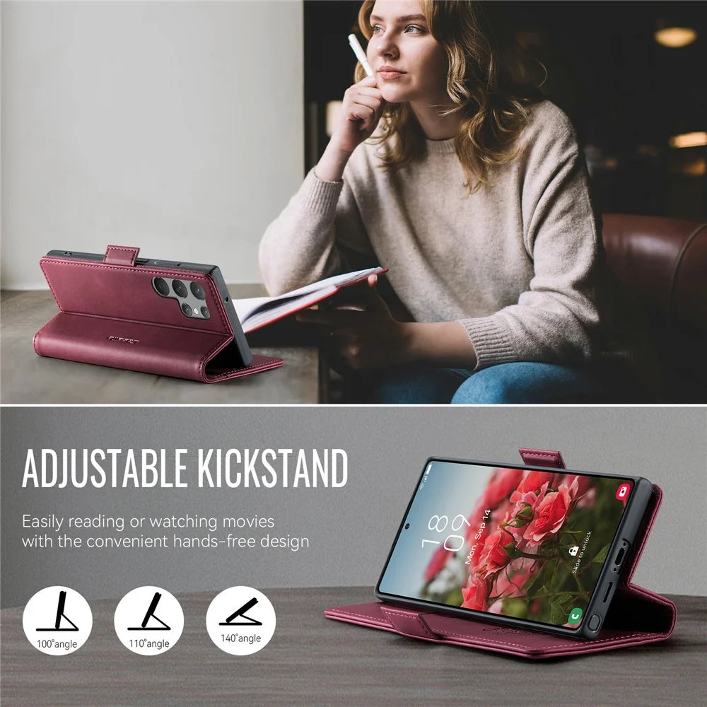 CASEME 033 Series For Samsung Galaxy S23 Ultra Case RFID Blocking Wallet Stand Calf Texture Leather Phone Cover - Red - 5