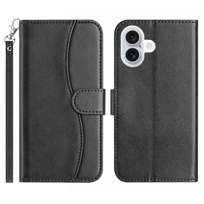 Stand Case for iPhone 17 PU Leather Wallet Phone Cover S Shape Stitching Design with Strap - Black - 1