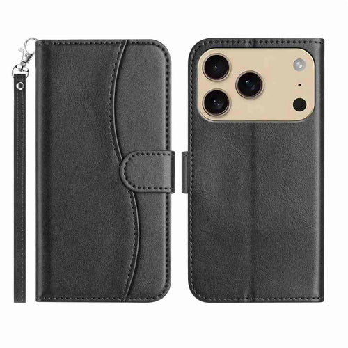 Stand Case for iPhone 18 Pro / 17 Pro PU Leather Wallet Phone Cover S Shape Stitching Design with Strap - Black - 1