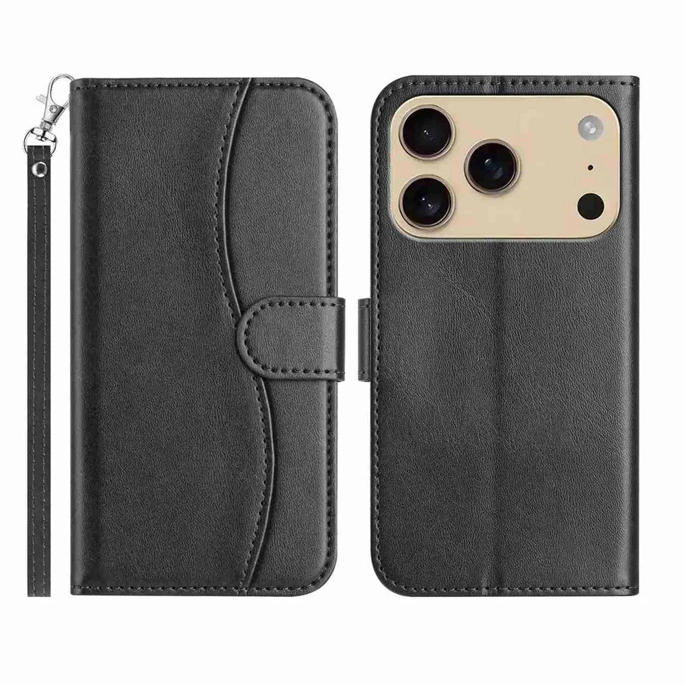 Stand Case for iPhone 18 Pro Max / 17 Pro Max PU Leather Wallet Phone Cover S Shape Stitching Design with Strap - Black - 1