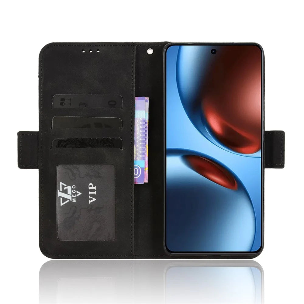 For Realme GT7 5G (China) / Realme GT 7 5G Leather Case Phone Wallet Cover with Multiple Card Slots - Black - 7