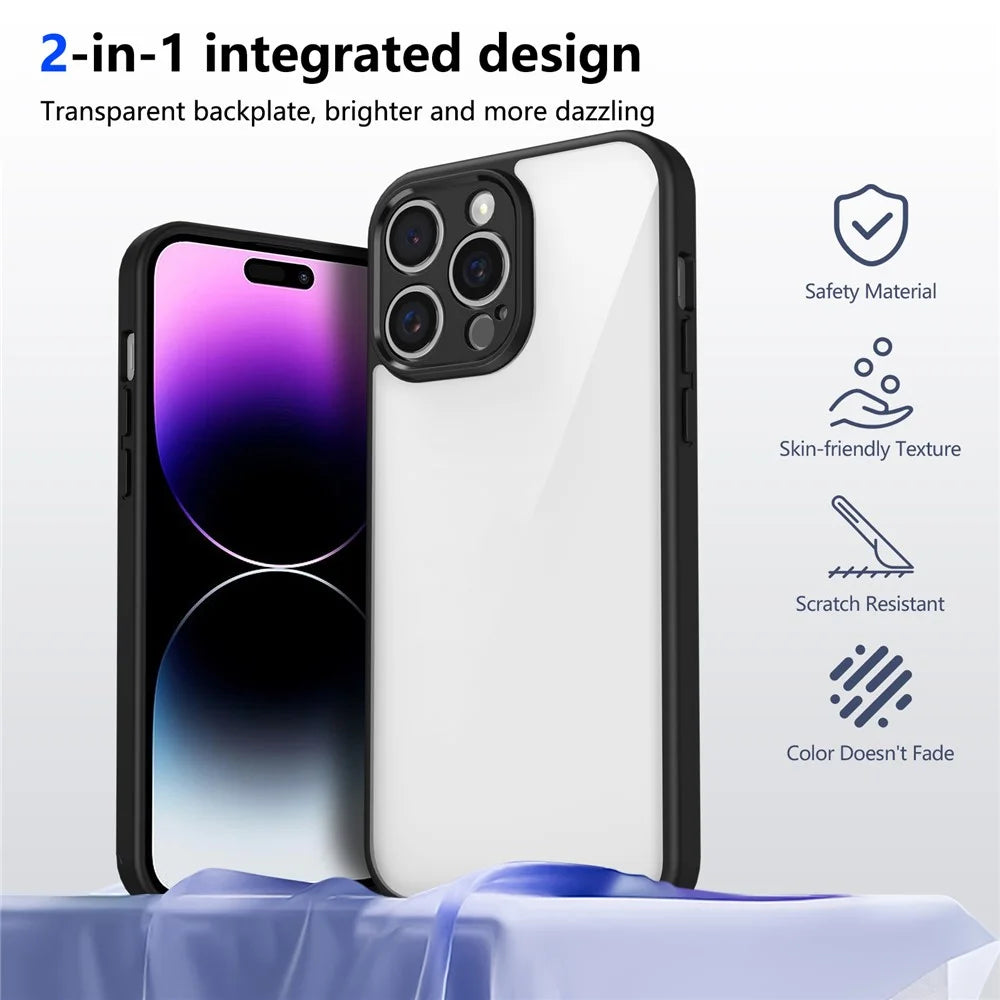 For iPhone 15 Pro Max Case Matte Skin Touch Clear PC + TPU Shockproof Phone Back Cover - Black - 6