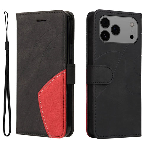 For iPhone 18 Pro Max / 17 Pro Max Leather Phone Case Stand Wallet with Bi-colour Splicing Design - Black - 1