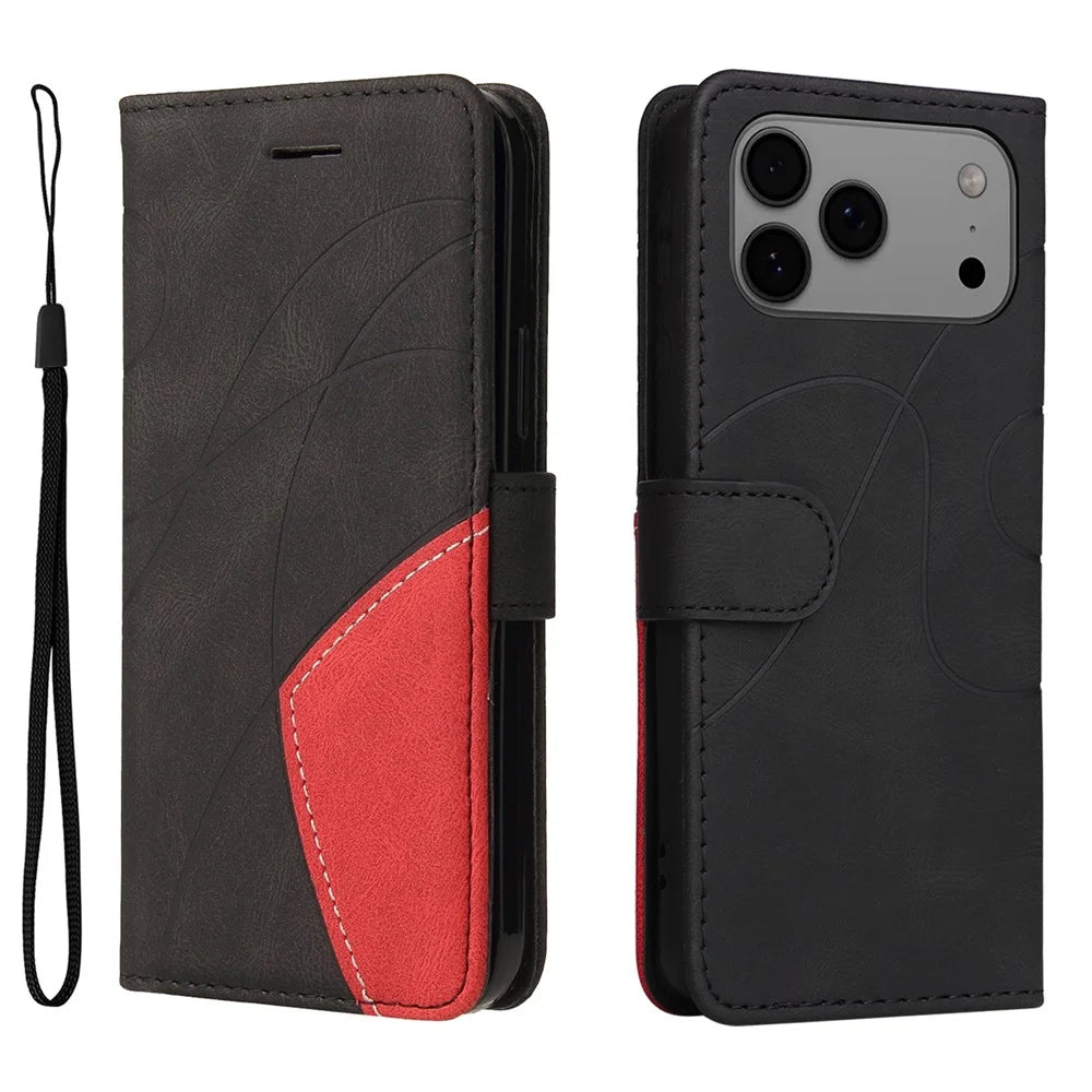 For iPhone 18 Pro Max / 17 Pro Max Leather Phone Case Stand Wallet with Bi-colour Splicing Design - Black - 1
