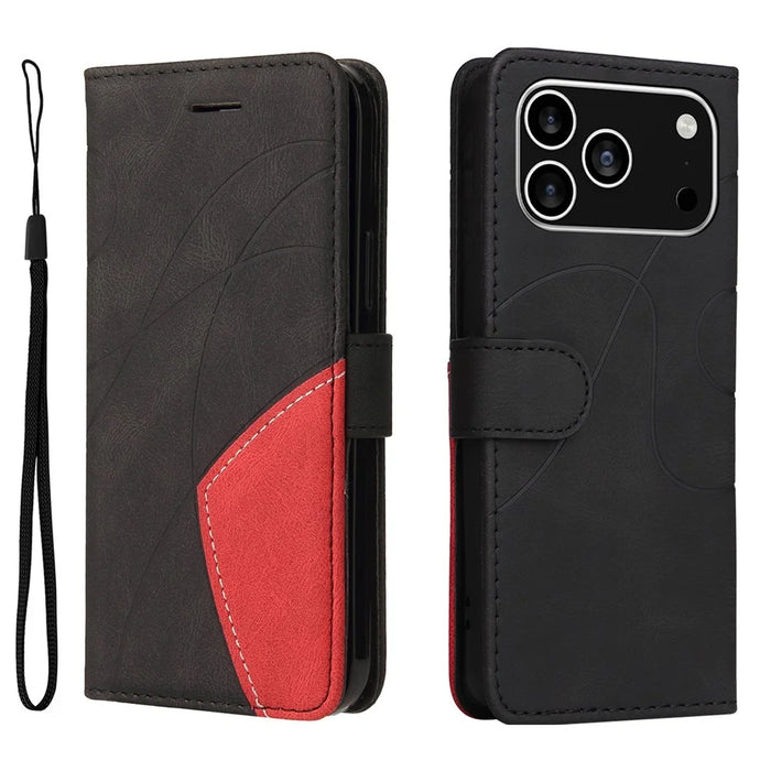 For iPhone 18 Pro / 17 Pro Leather Phone Case Stand Wallet with Bi-colour Splicing Design - Black - 1