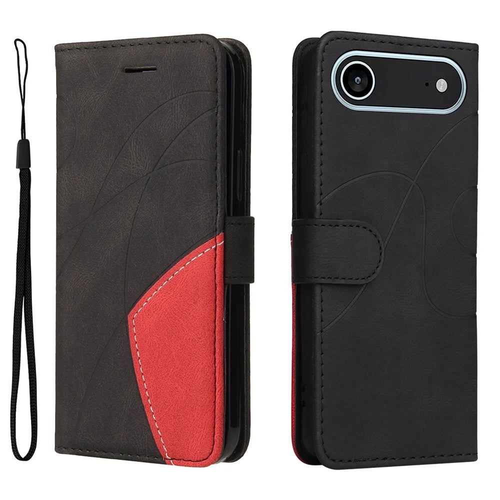 For iPhone Air Leather Phone Case Stand Wallet with Bi-colour Splicing Design - Black - 1