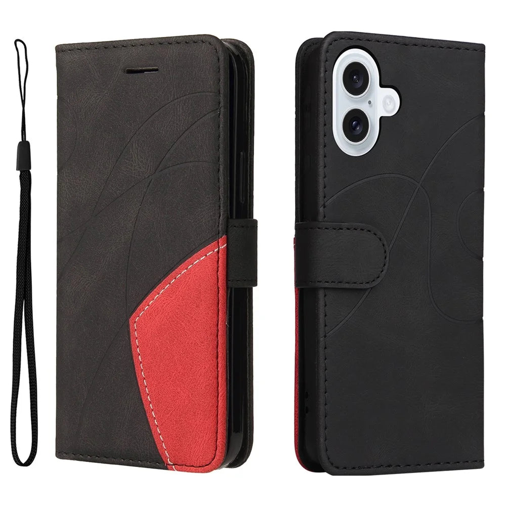 For iPhone 17 Leather Phone Case Stand Wallet with Bi-colour Splicing Design - Black - 1