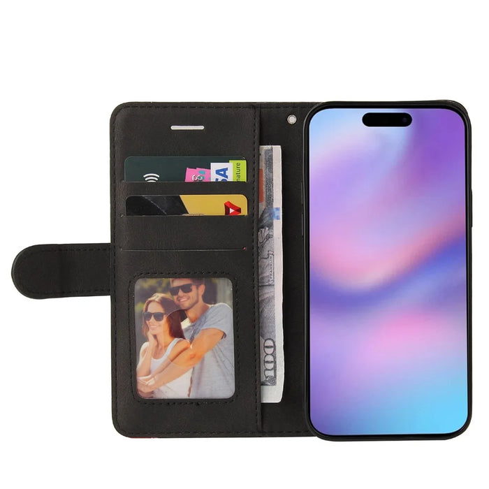 For iPhone 17 Leather Phone Case Stand Wallet with Bi-colour Splicing Design - Black - 2