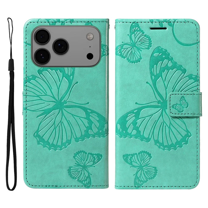 For iPhone 18 Pro Max / 17 Pro Max Wallet Case Floral Butterfly Imprinted Leather Phone Cover Stand -  Green - 1