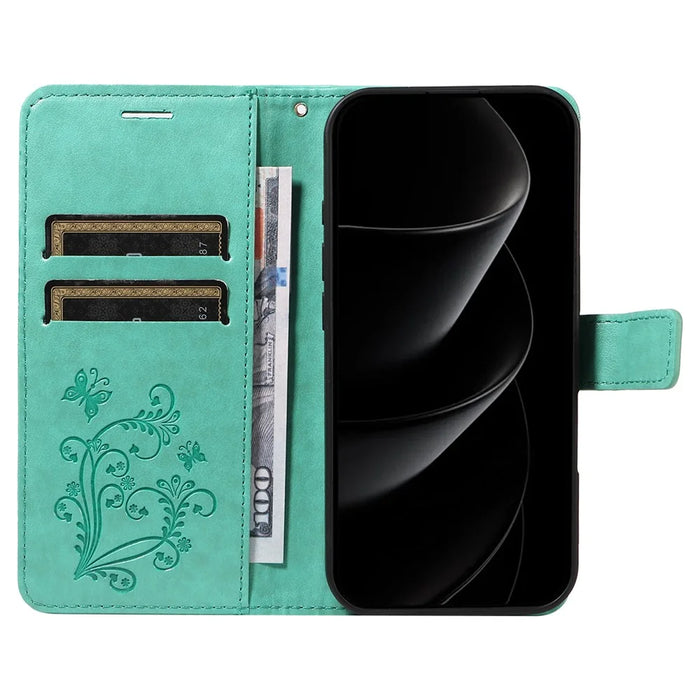 For iPhone 18 Pro Max / 17 Pro Max Wallet Case Floral Butterfly Imprinted Leather Phone Cover Stand -  Green - 2