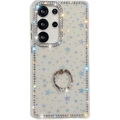For Samsung Galaxy S24 Ultra Case with Ring Kickstand Rhinestone Edge TPU + PC IMD Phone Cover - Starry Transparent - 1