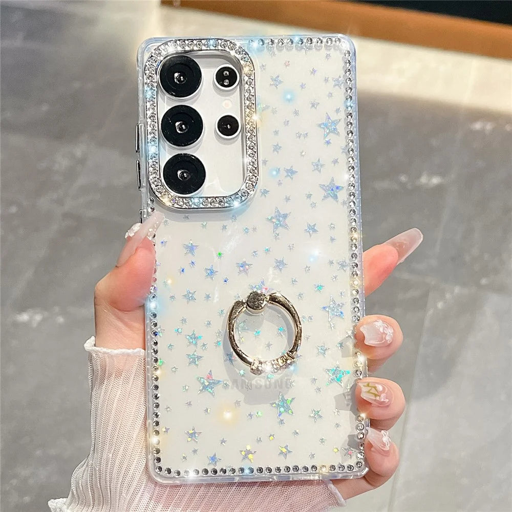 For Samsung Galaxy S24 Ultra Case with Ring Kickstand Rhinestone Edge TPU + PC IMD Phone Cover - Starry Transparent - 2