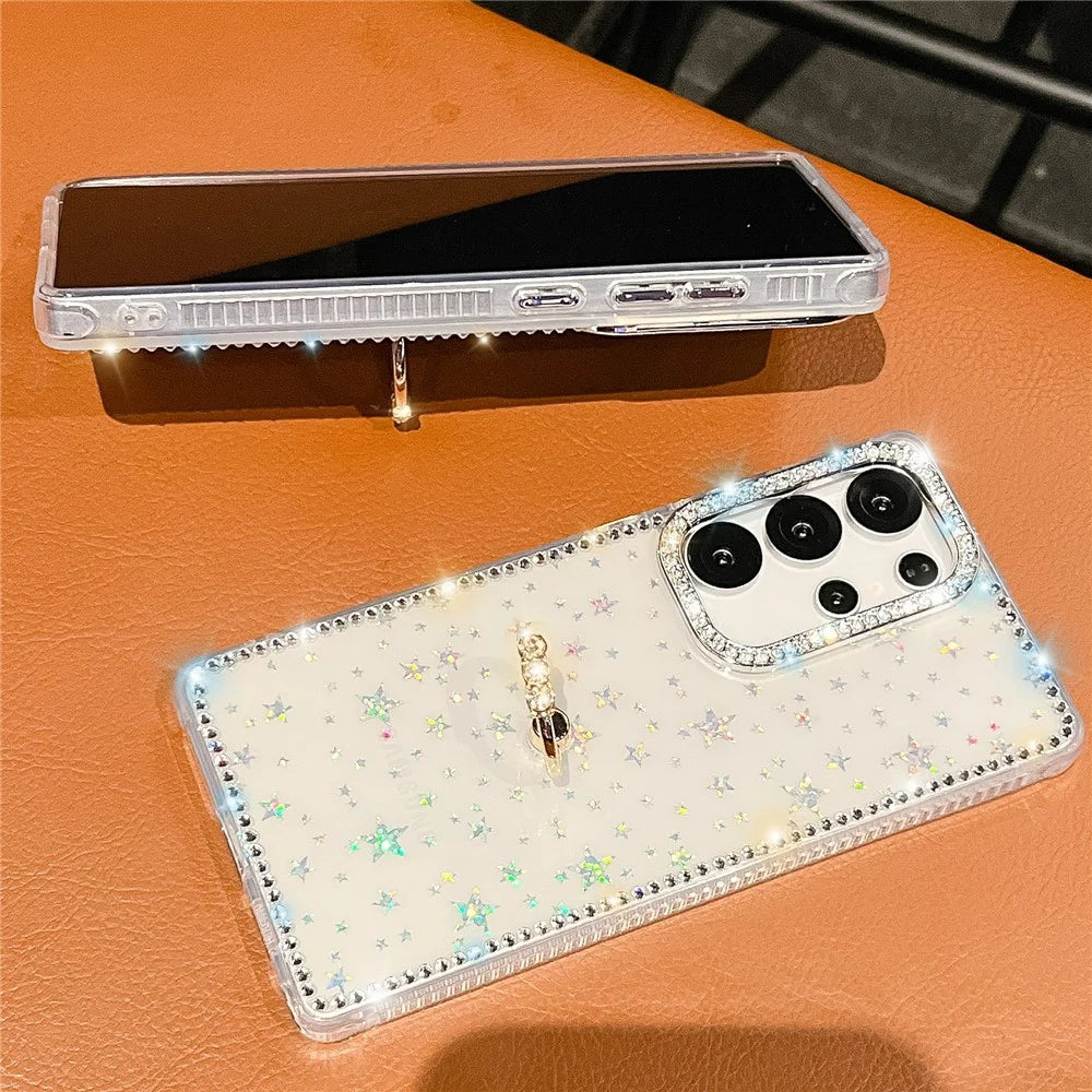 For Samsung Galaxy S24 Ultra Case with Ring Kickstand Rhinestone Edge TPU + PC IMD Phone Cover - Starry Transparent - 3