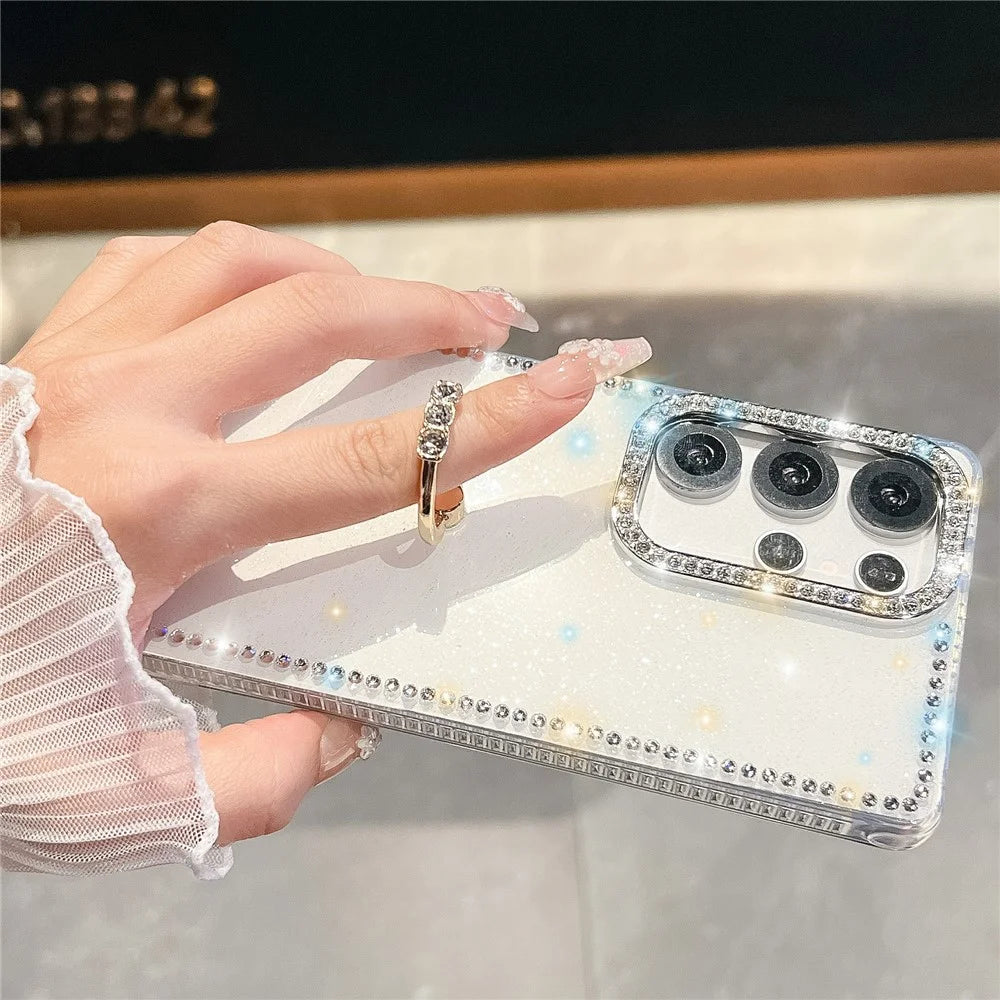 For Samsung Galaxy S24 Ultra Case with Ring Kickstand Rhinestone Edge TPU + PC IMD Phone Cover - Starry Transparent - 5