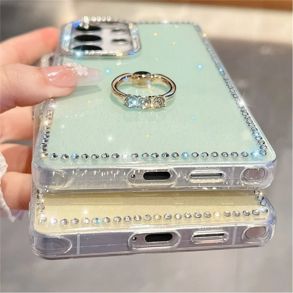 For Samsung Galaxy S24 Ultra Case with Ring Kickstand Rhinestone Edge TPU + PC IMD Phone Cover - Starry Transparent - 7