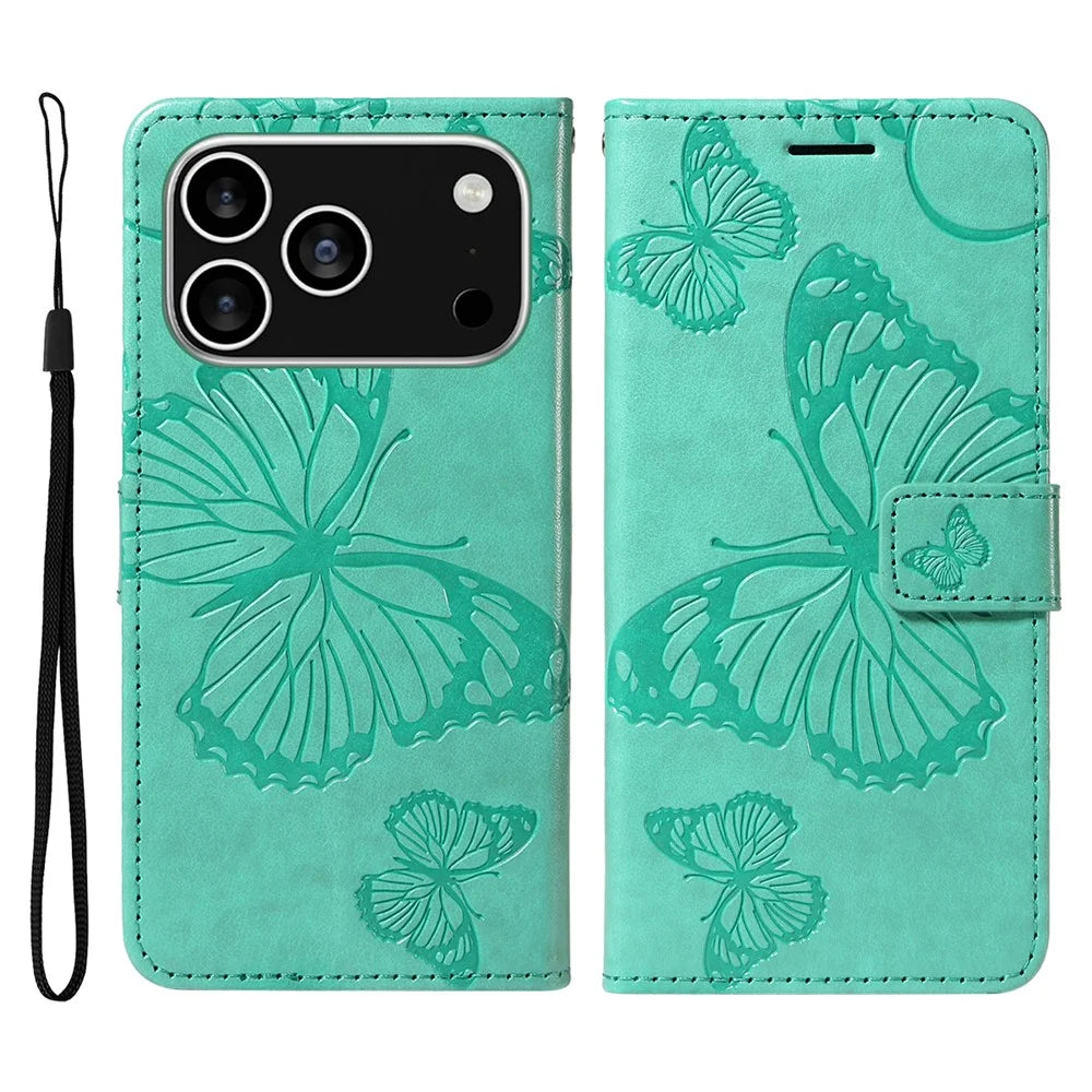 For iPhone 18 Pro / 17 Pro Wallet Case Floral Butterfly Imprinted Leather Phone Cover Stand -  Green - 1