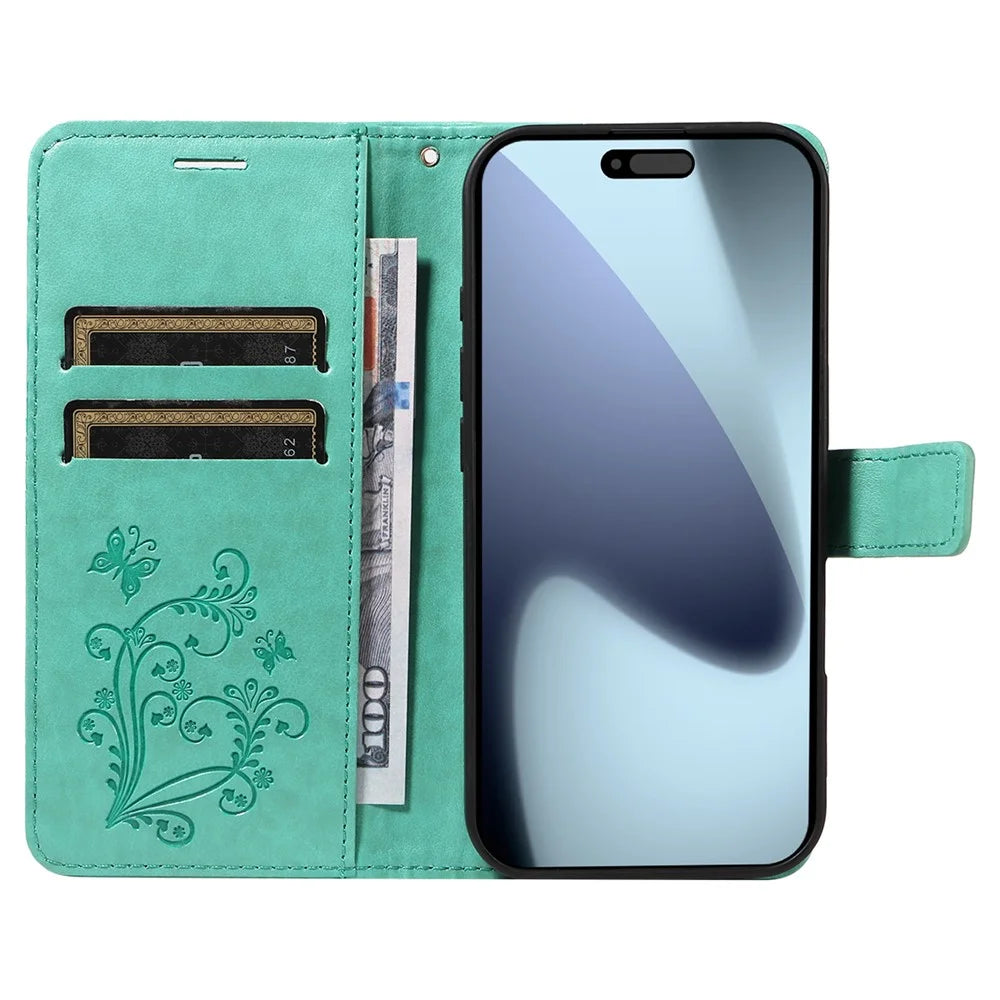 For iPhone 18 Pro / 17 Pro Wallet Case Floral Butterfly Imprinted Leather Phone Cover Stand -  Green - 2
