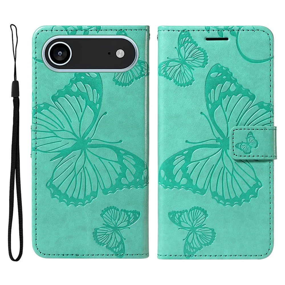 For iPhone Air Wallet Case Floral Butterfly Imprinted Leather Phone Cover Stand -  Green - 1