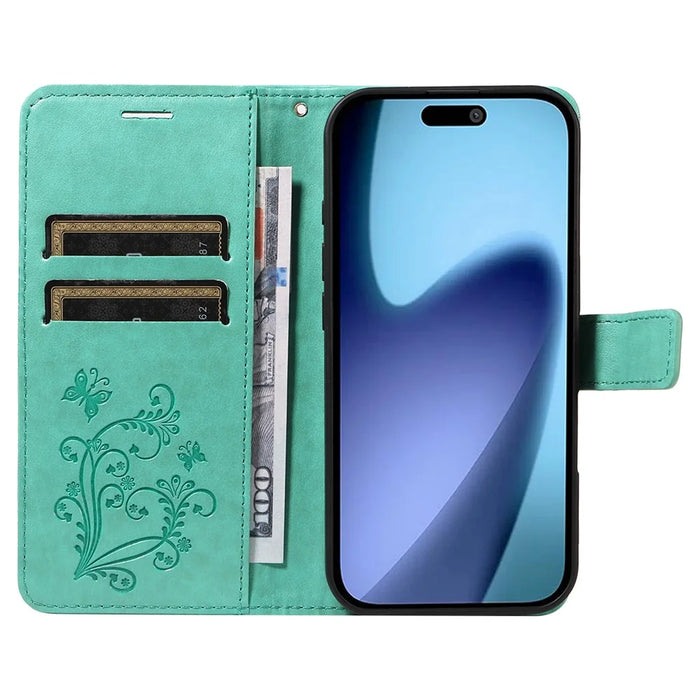 For iPhone Air Wallet Case Floral Butterfly Imprinted Leather Phone Cover Stand -  Green - 2