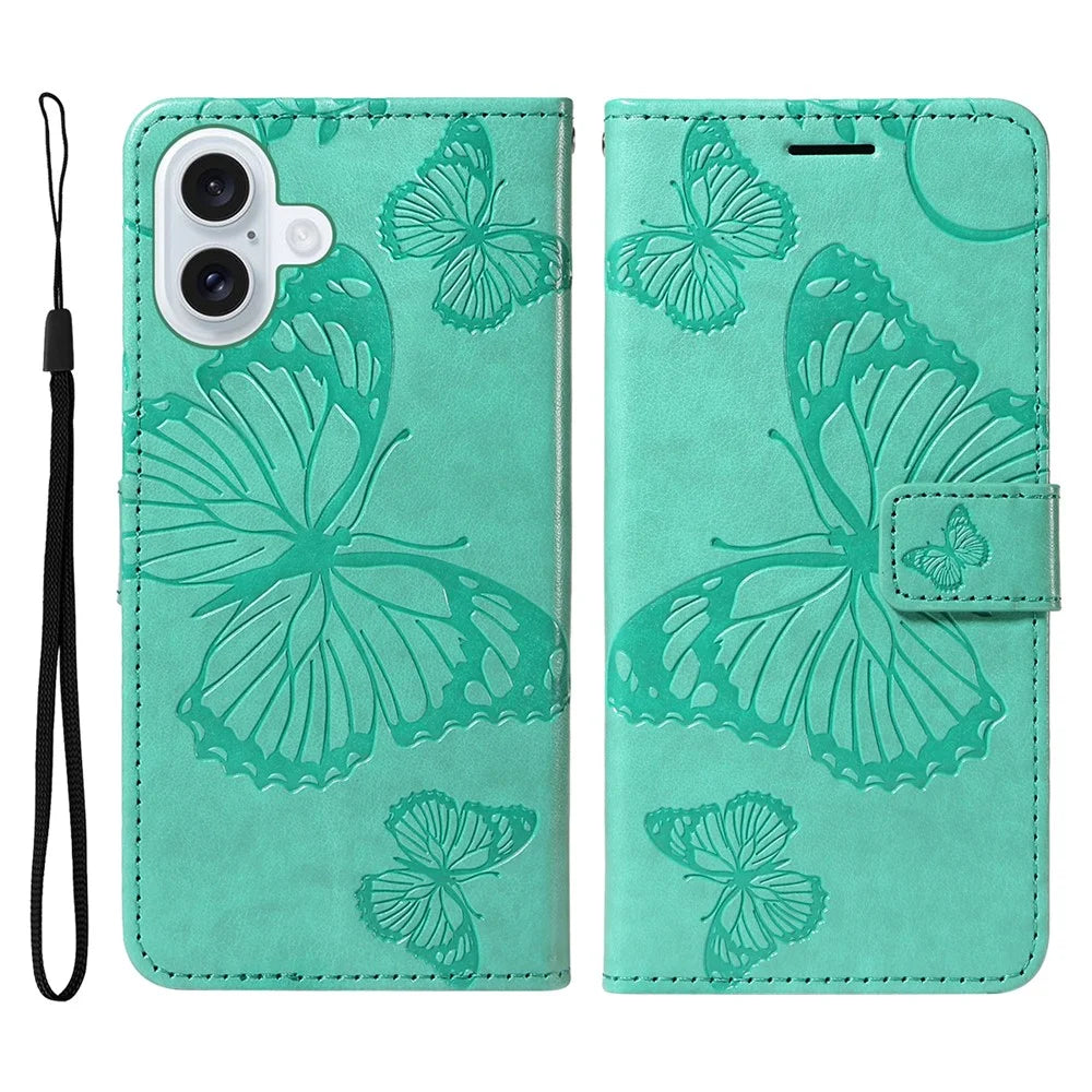 For iPhone 17 Wallet Case Floral Butterfly Imprinted Leather Phone Cover Stand -  Green - 1