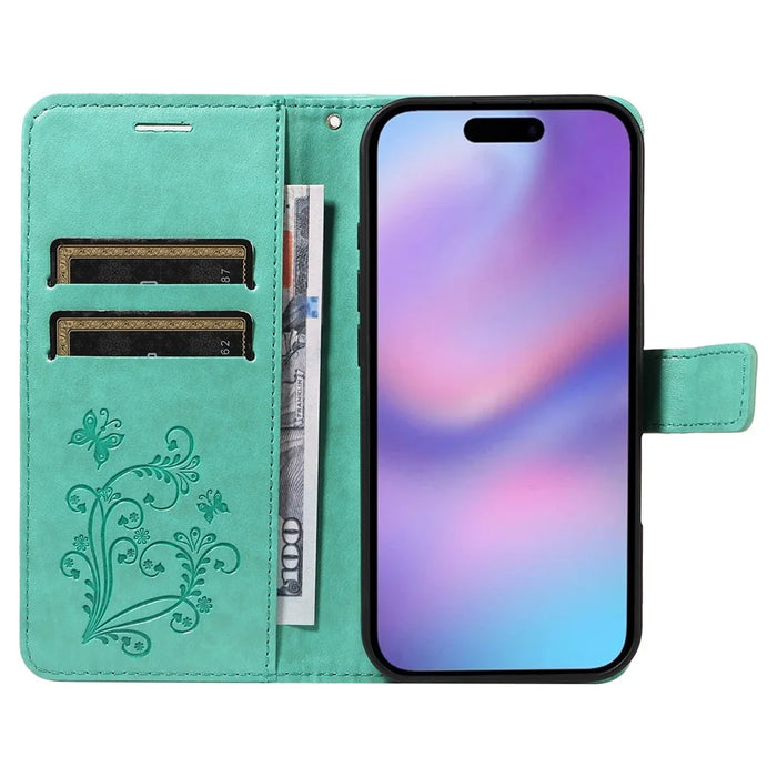 For iPhone 17 Wallet Case Floral Butterfly Imprinted Leather Phone Cover Stand -  Green - 2