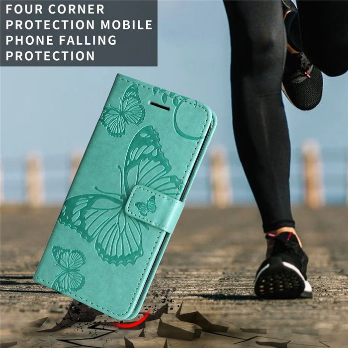 For iPhone 17 Wallet Case Floral Butterfly Imprinted Leather Phone Cover Stand -  Green - 4