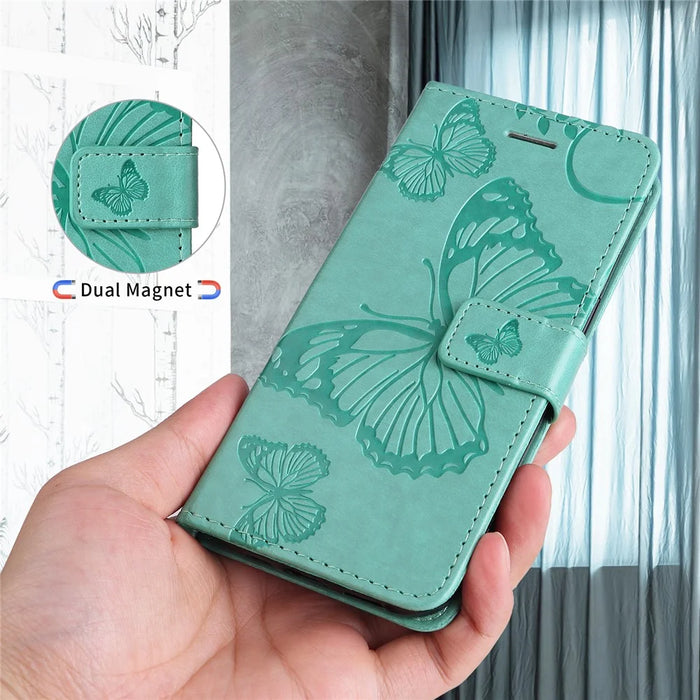 For iPhone 17 Wallet Case Floral Butterfly Imprinted Leather Phone Cover Stand -  Green - 6