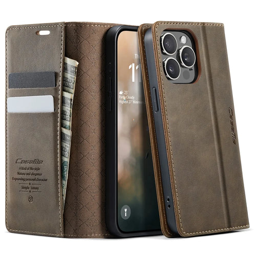 CASEME For iPhone 14 Pro Max Case  033 Series RFID Blocking Wallet Stand Calf Texture Leather Phone Cover - Coffee - 1