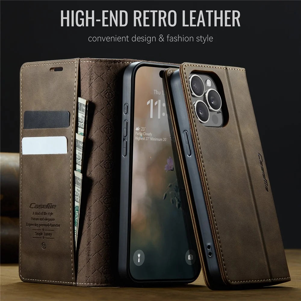 CASEME For iPhone 14 Pro Max Case  033 Series RFID Blocking Wallet Stand Calf Texture Leather Phone Cover - Coffee - 4