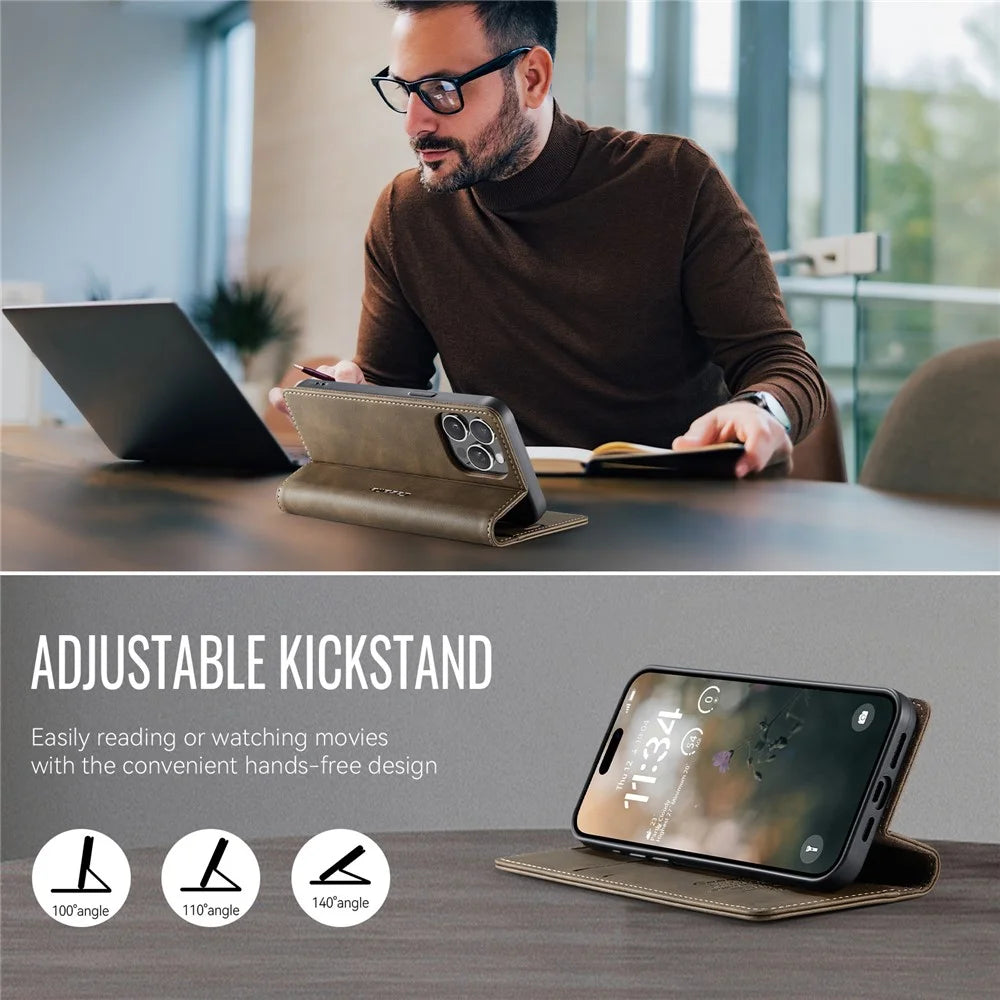 CASEME For iPhone 14 Pro Max Case  033 Series RFID Blocking Wallet Stand Calf Texture Leather Phone Cover - Coffee - 5