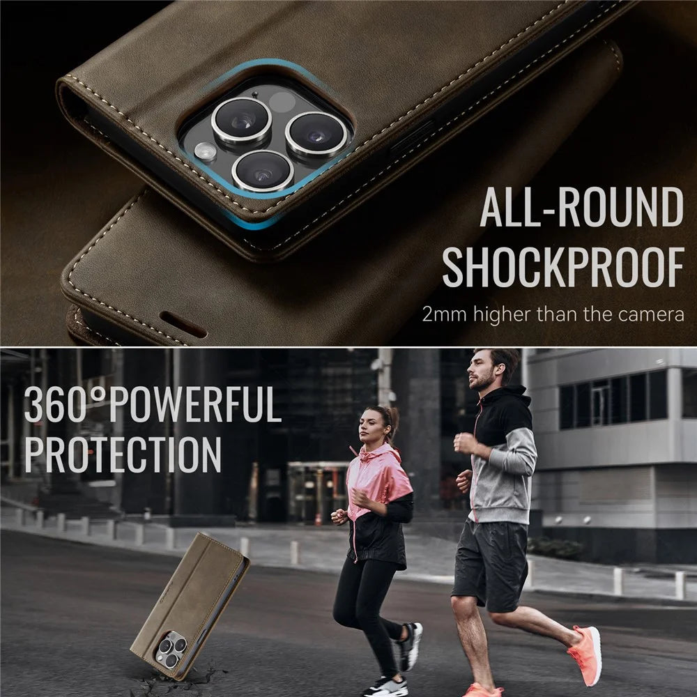 CASEME For iPhone 14 Pro Max Case  033 Series RFID Blocking Wallet Stand Calf Texture Leather Phone Cover - Coffee - 6
