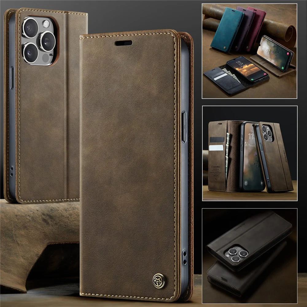 CASEME For iPhone 14 Pro Max Case  033 Series RFID Blocking Wallet Stand Calf Texture Leather Phone Cover - Coffee - 7
