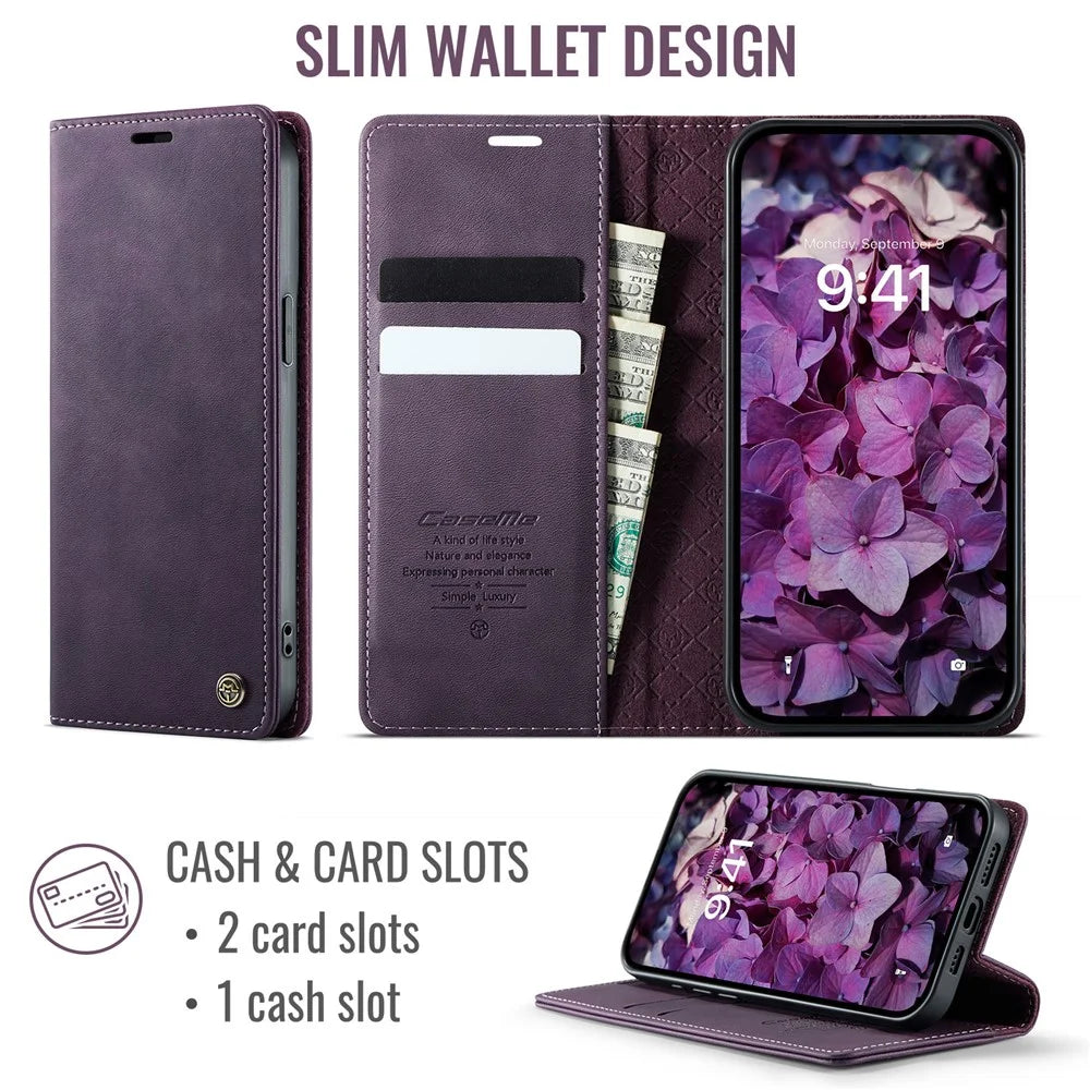 CASEME For iPhone 15 Case  033 Series RFID Blocking Wallet Stand Calf Texture Leather Phone Cover - Purple - 2